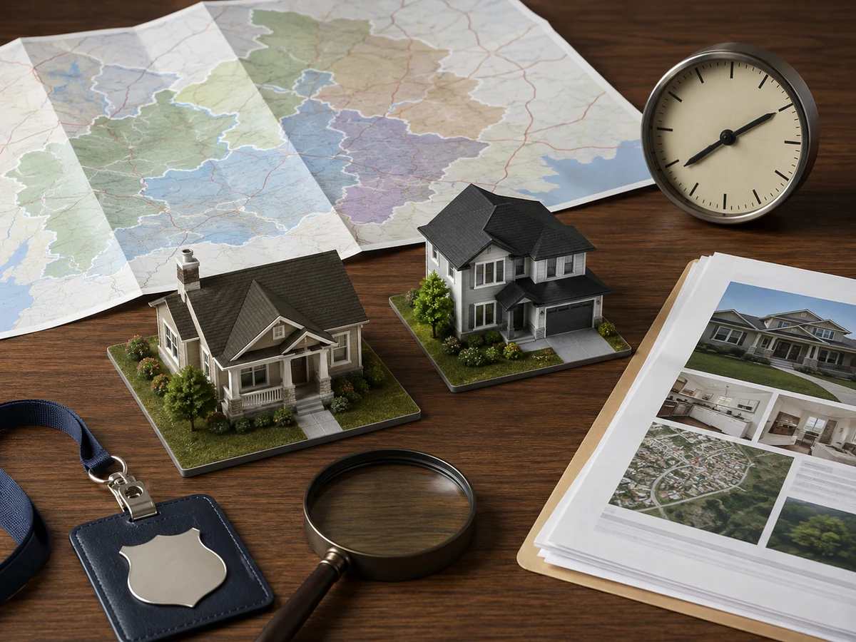 Comparison board with Gelderland maps, house models, a valuation file and timing checks