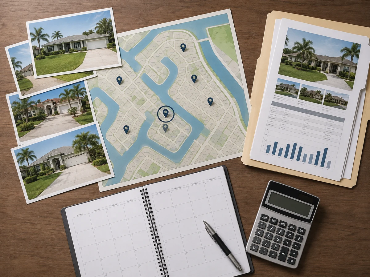 Comparison board with a North Holland map, house models, a property file and timing checks