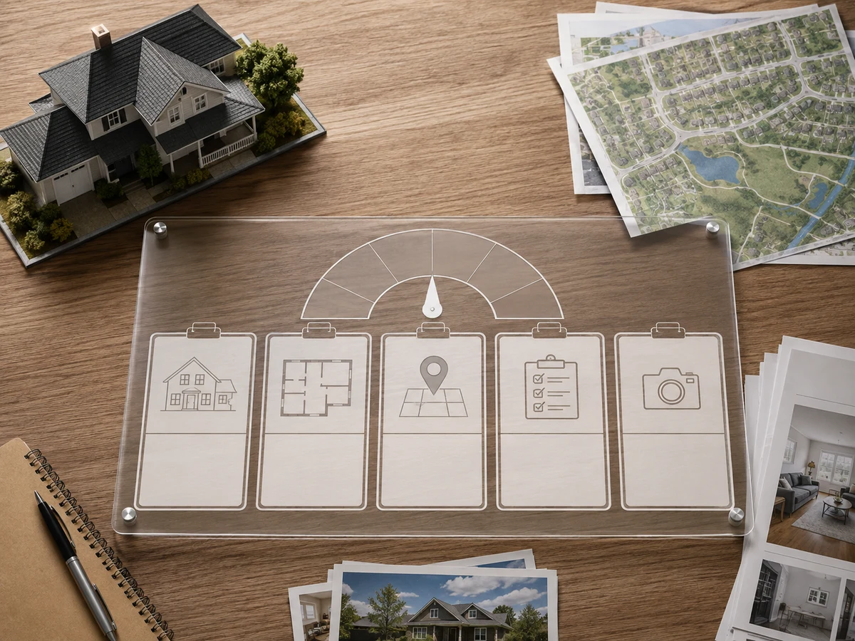 Comparison board with Utrecht property models, regional map, report papers and timing checks