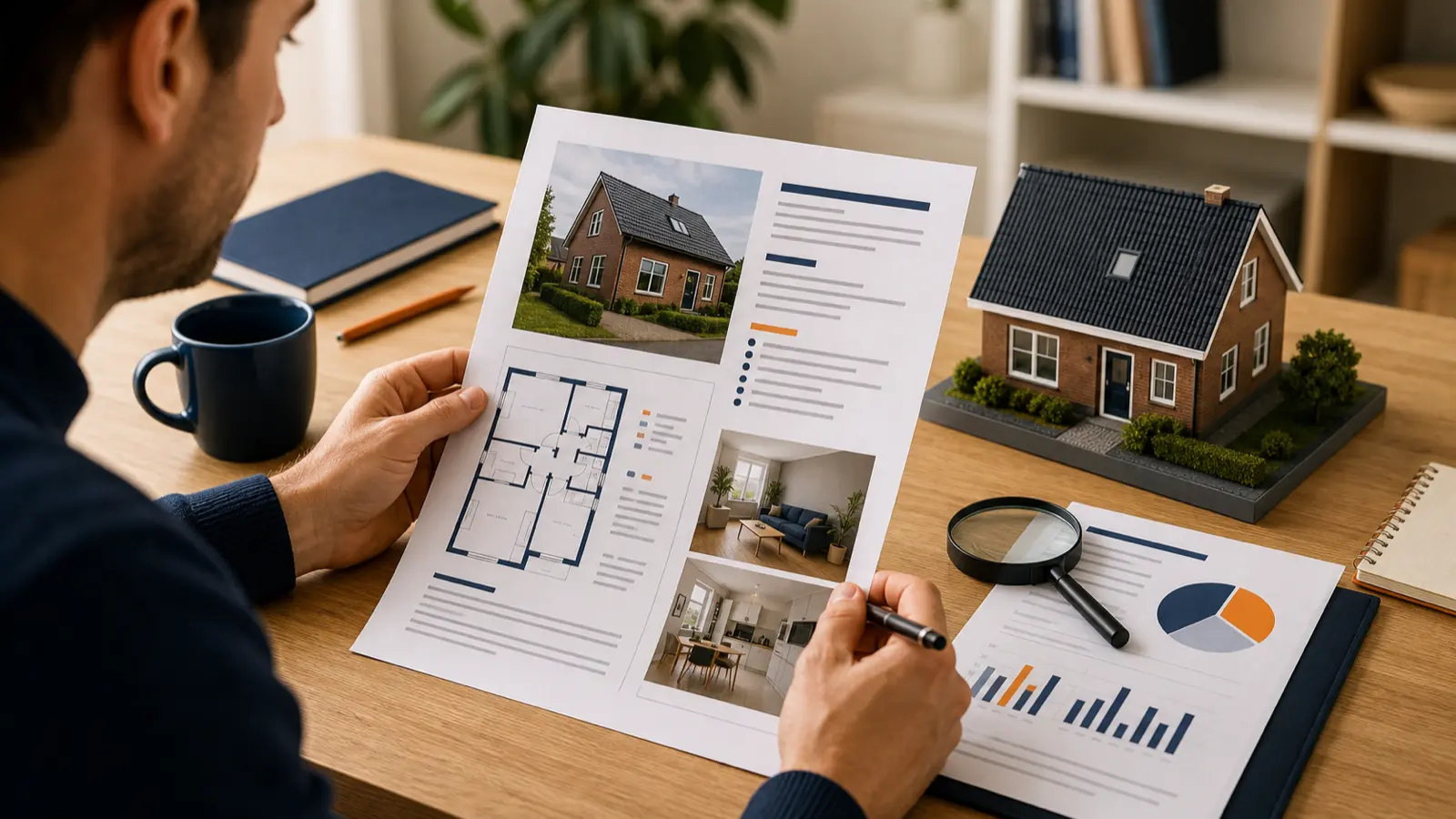 Homeowner reviewing a property valuation report with a floor plan, photos and a model Dutch home