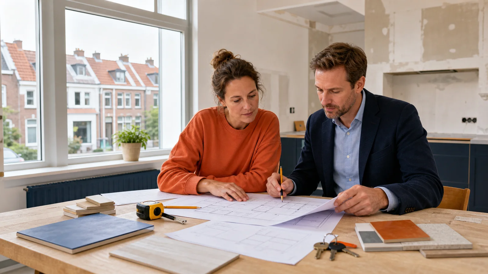Homeowner and property valuer reviewing renovation plans at a table in a partly renovated Dutch home