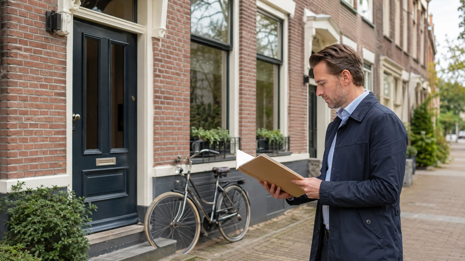 Property owner reviewing a tenancy agreement and valuation documents beside a Dutch terraced home