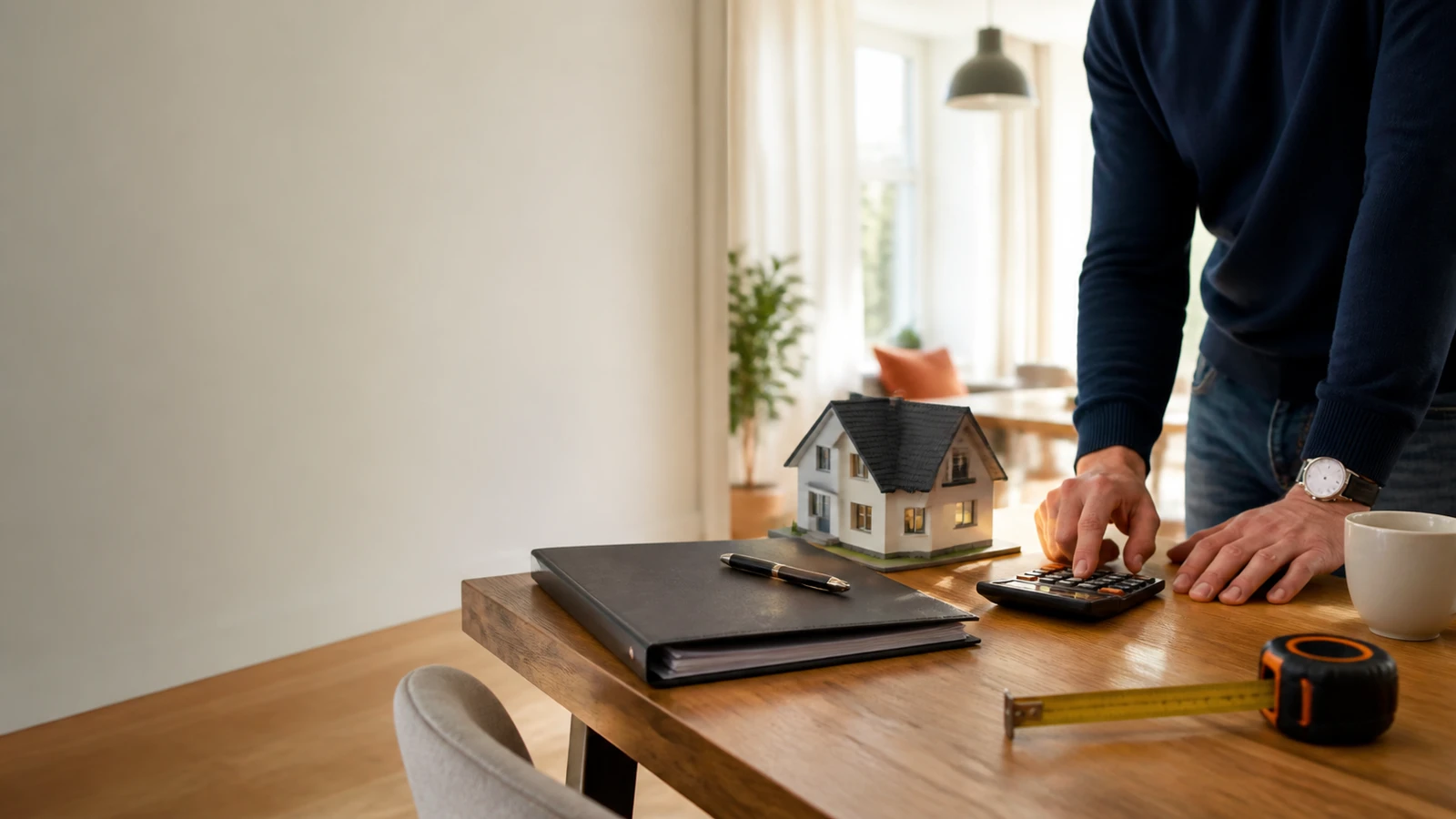 A buyer reviewing a model house, property documents and a calculator before a home purchase
