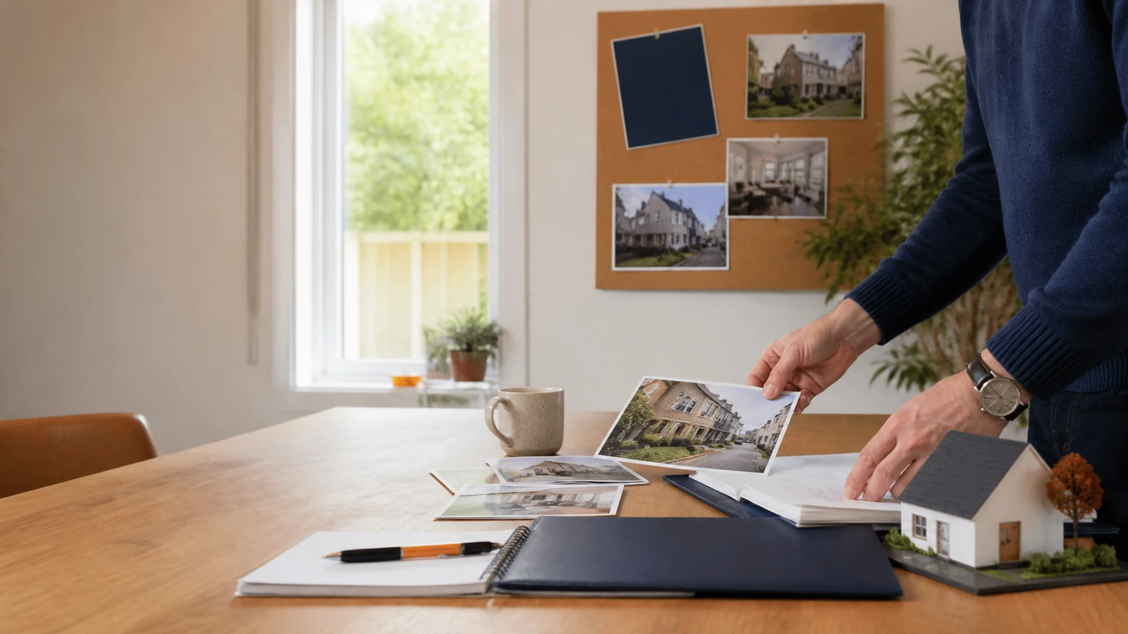 A homeowner comparing property photographs, sale documents and a model home before listing a property