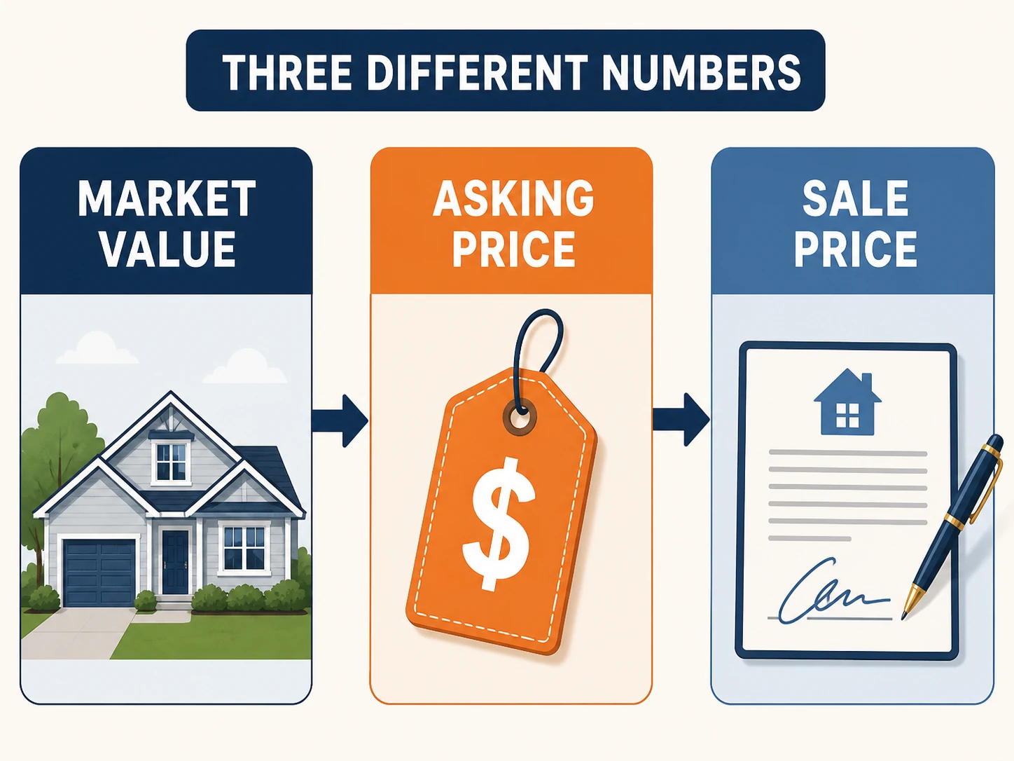 Market value, asking price and sale price shown as three connected but different numbers