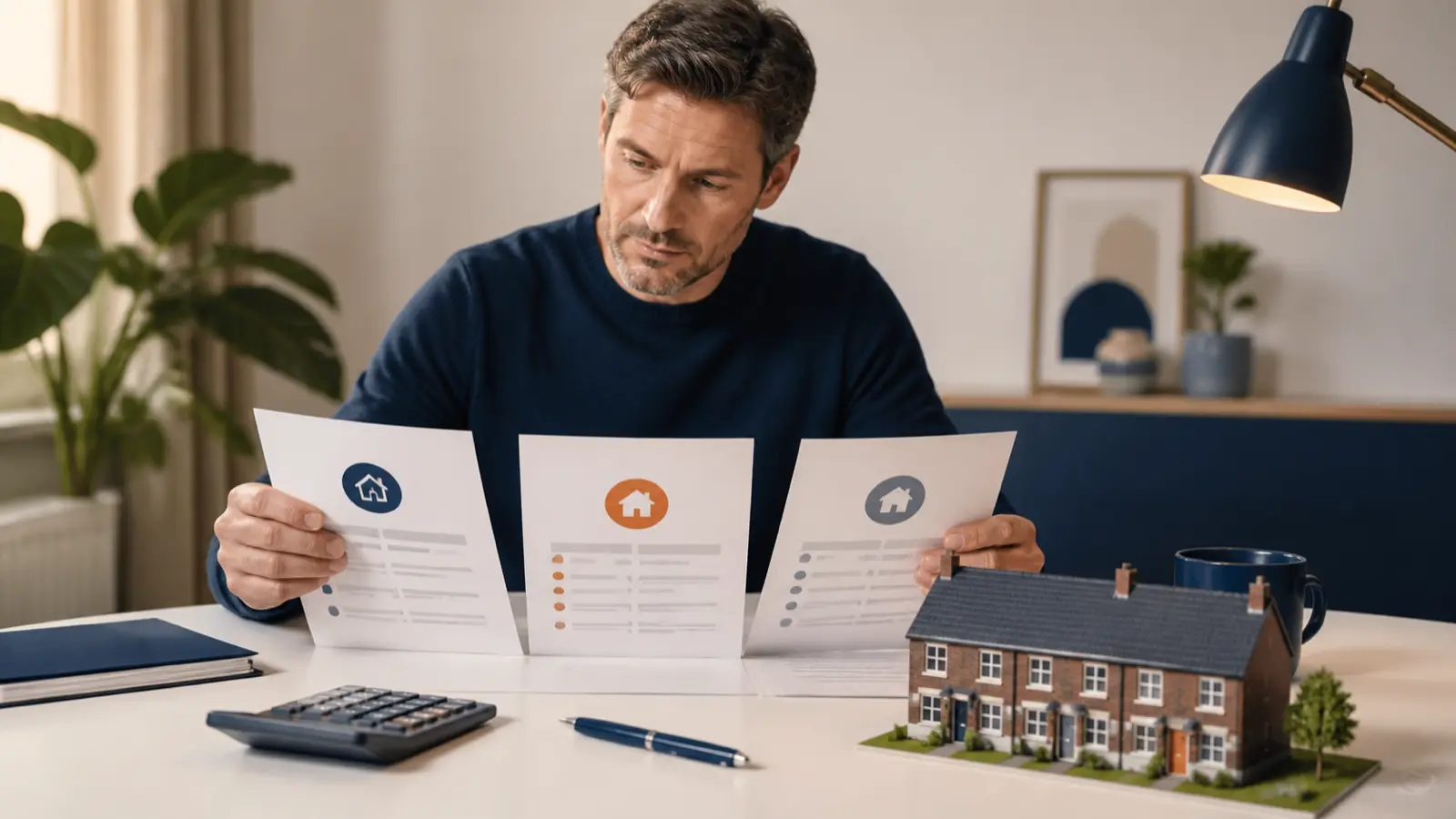 Homeowner comparing three property valuation proposals beside a model Dutch home and calculator