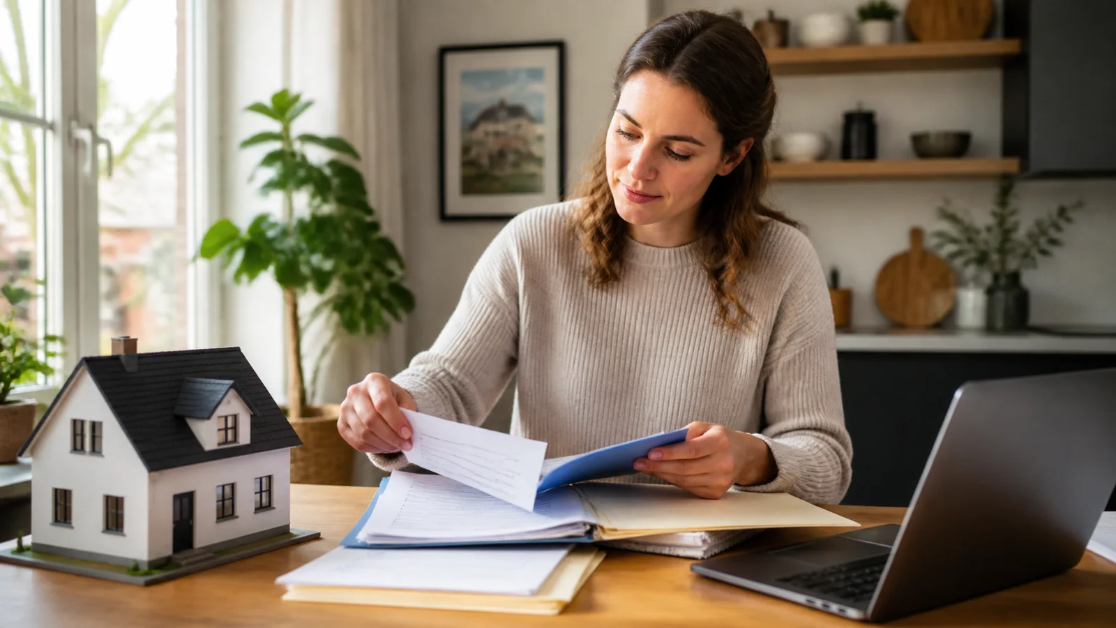 Homeowner organizing property valuation documents beside a model house and laptop
