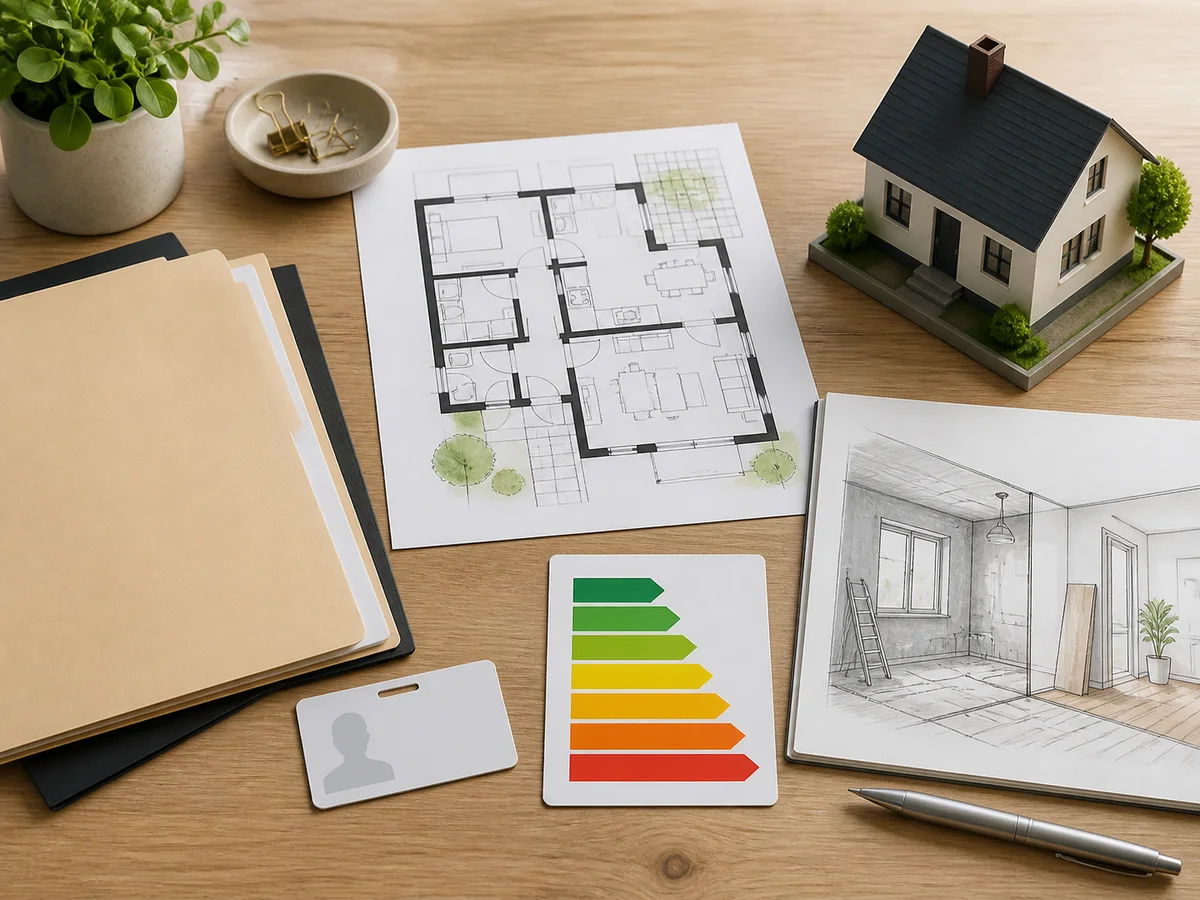 Floor plan, renovation sketch, folder and model house arranged as a document checklist