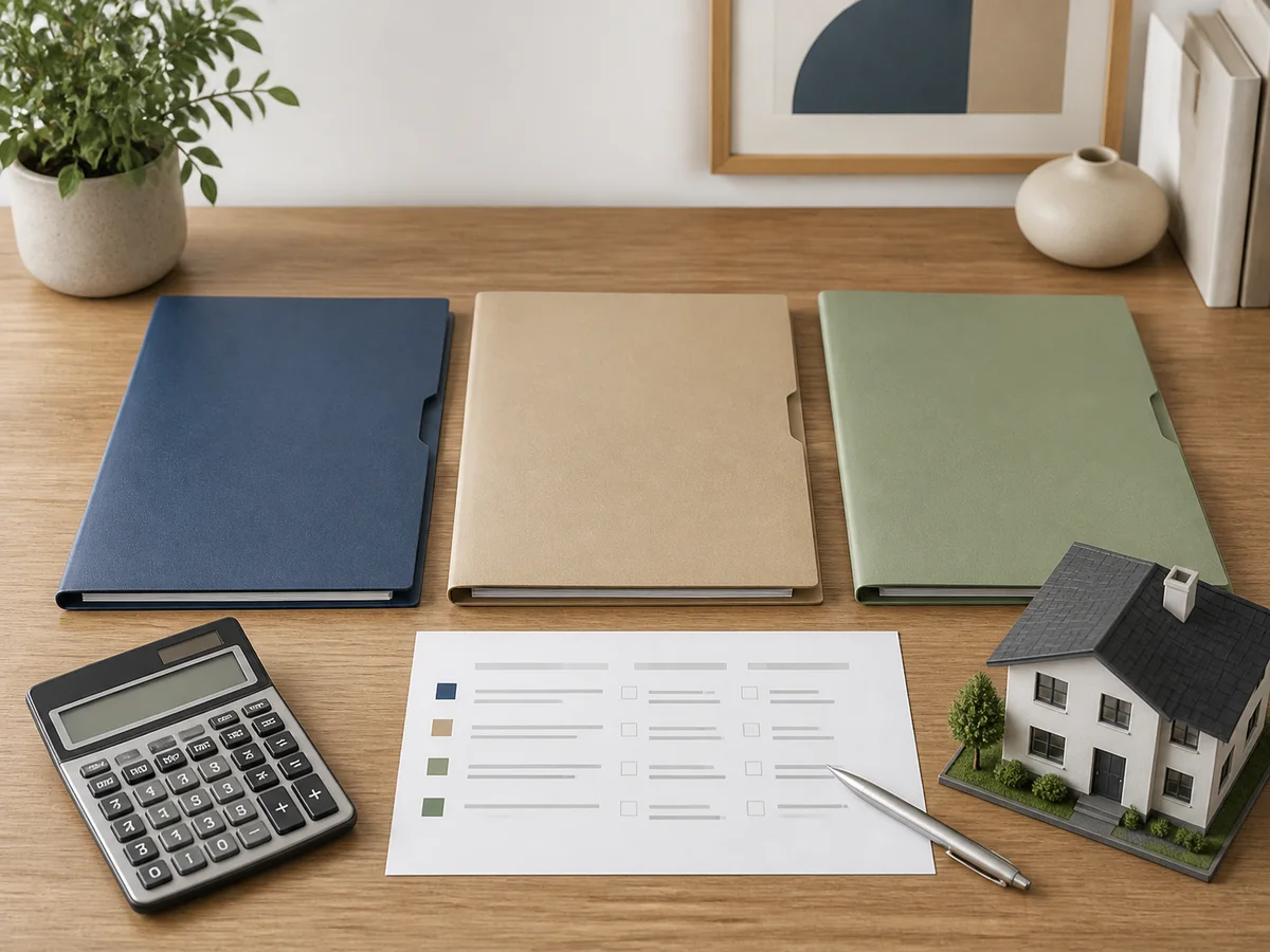 Three property valuation proposal folders arranged beside a calculator and model house