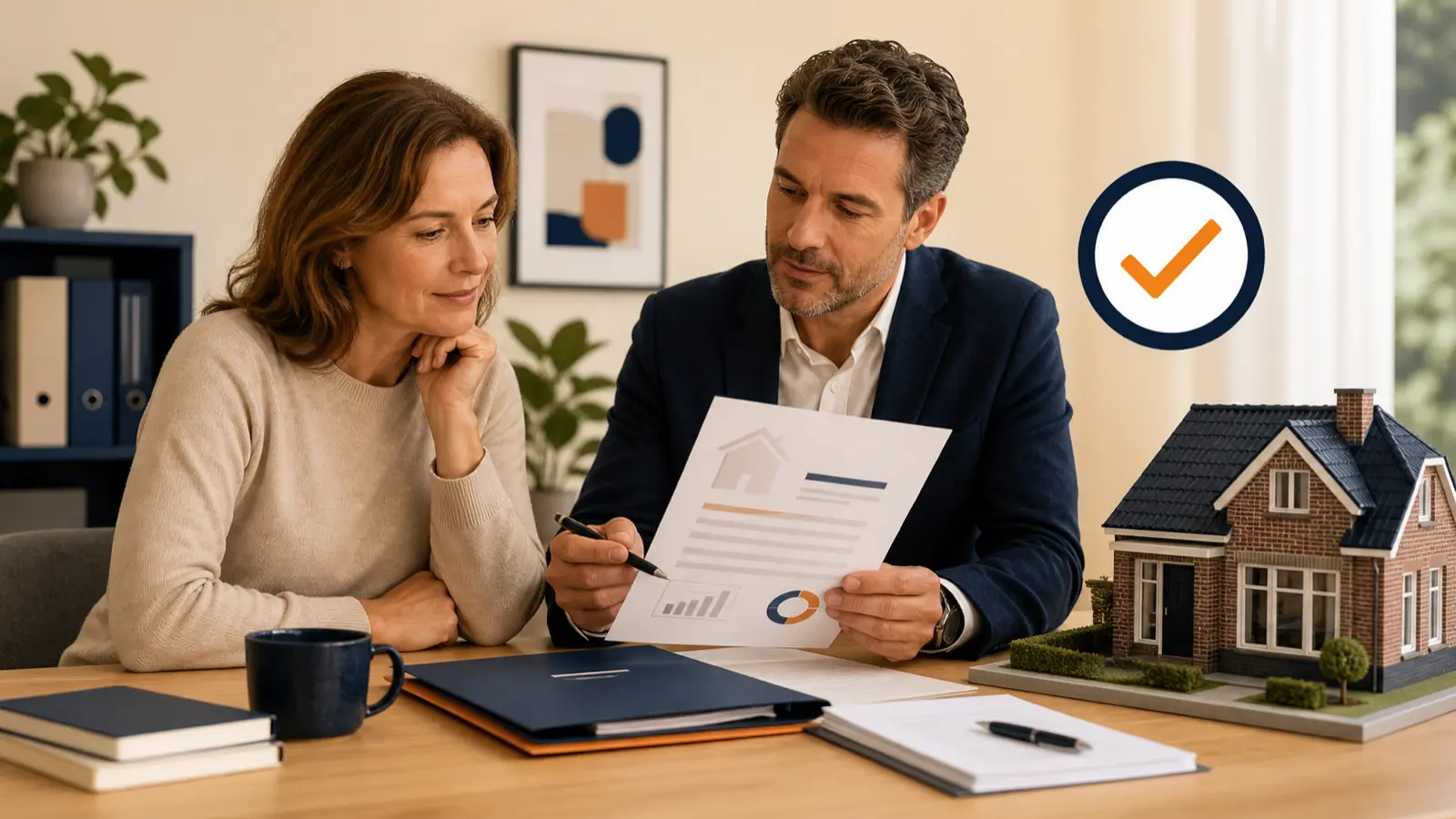 Homeowner and mortgage adviser reviewing a valuation report beside a model Dutch home and approval mark