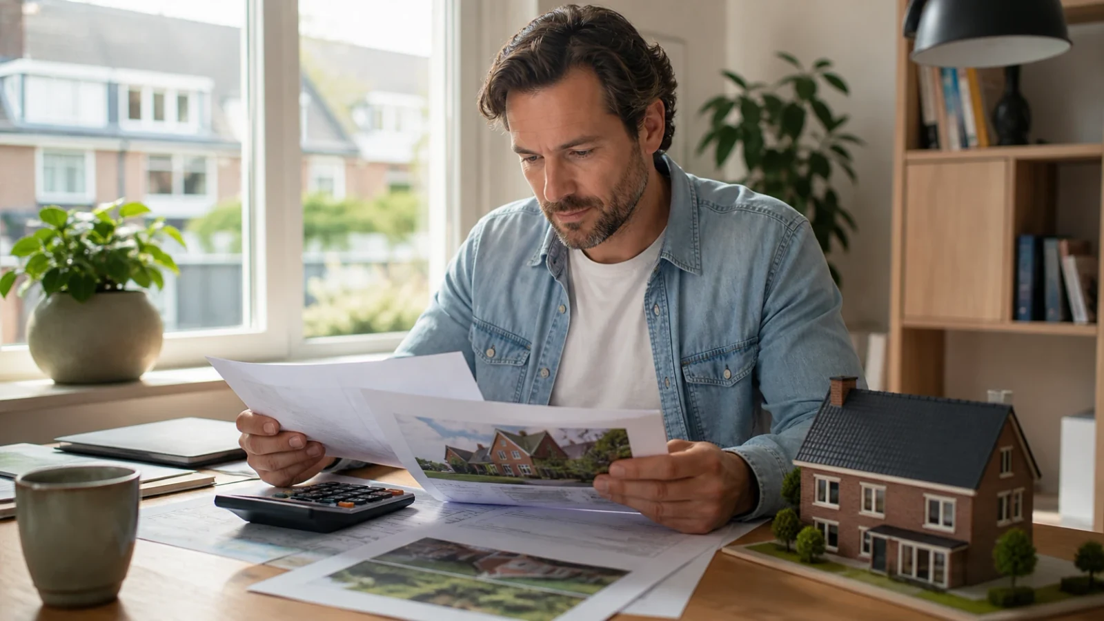 Homeowner checking a property valuation report beside a model house and magnifying glass