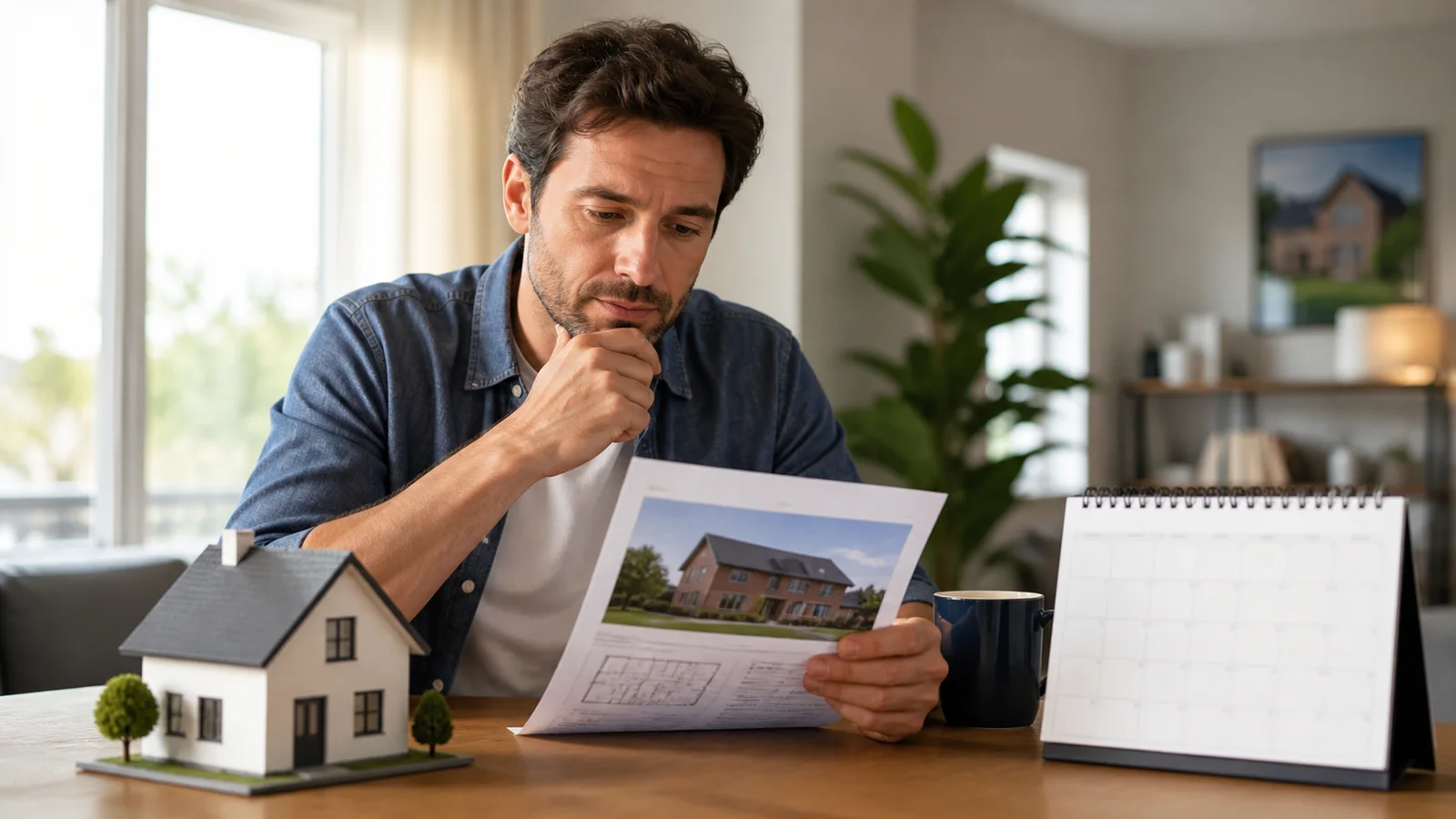 Homeowner reviewing a property valuation report beside a calendar and a model house
