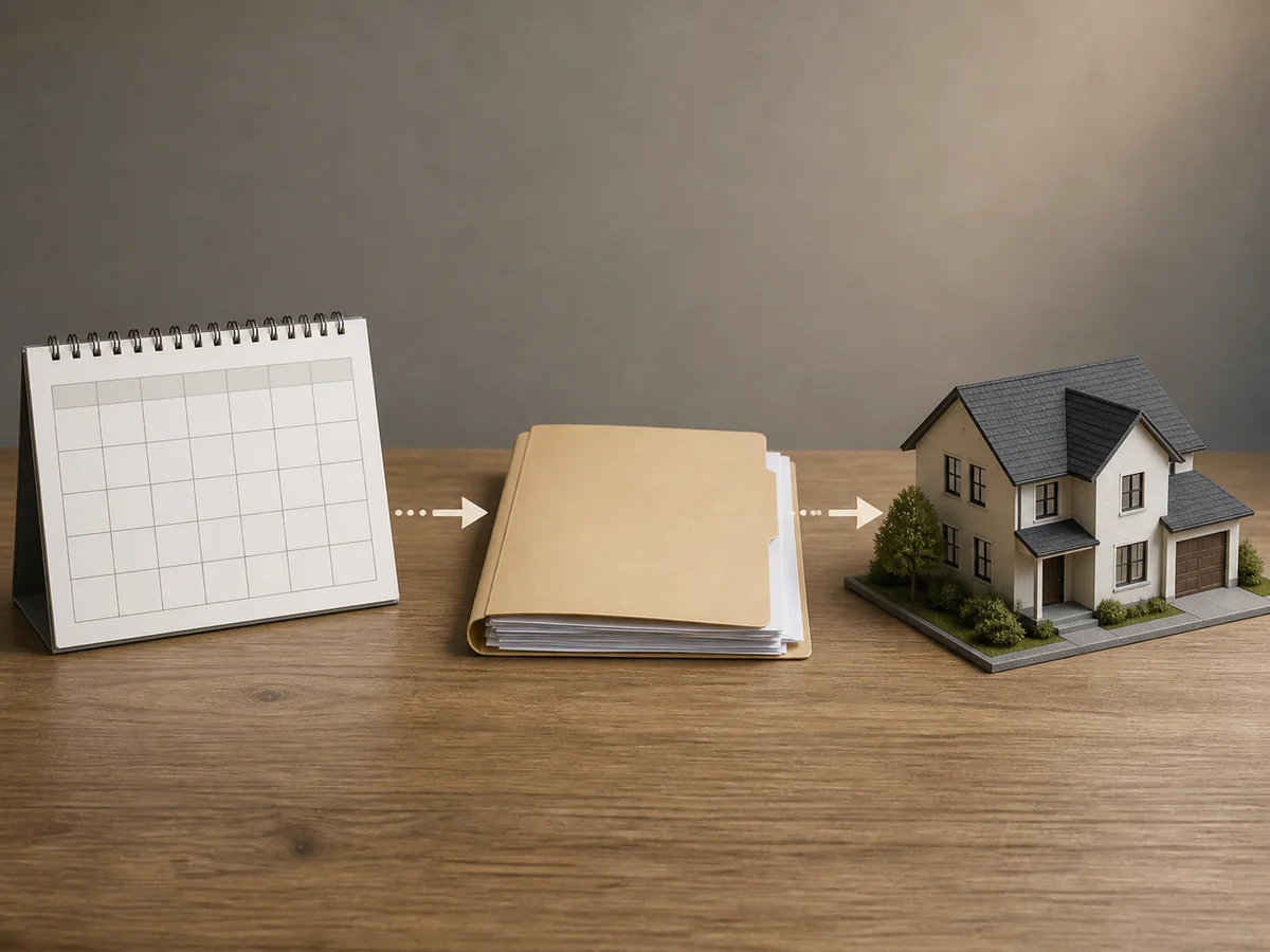 Calendar, valuation report folder and model house arranged as a visual timeline