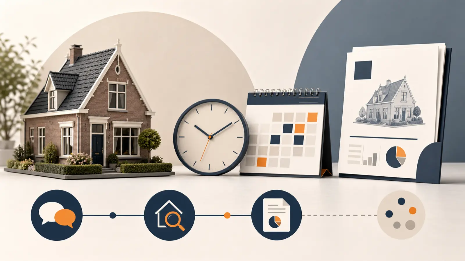 Model Dutch home, valuation report, clock and calendar showing the stages of a valuation process