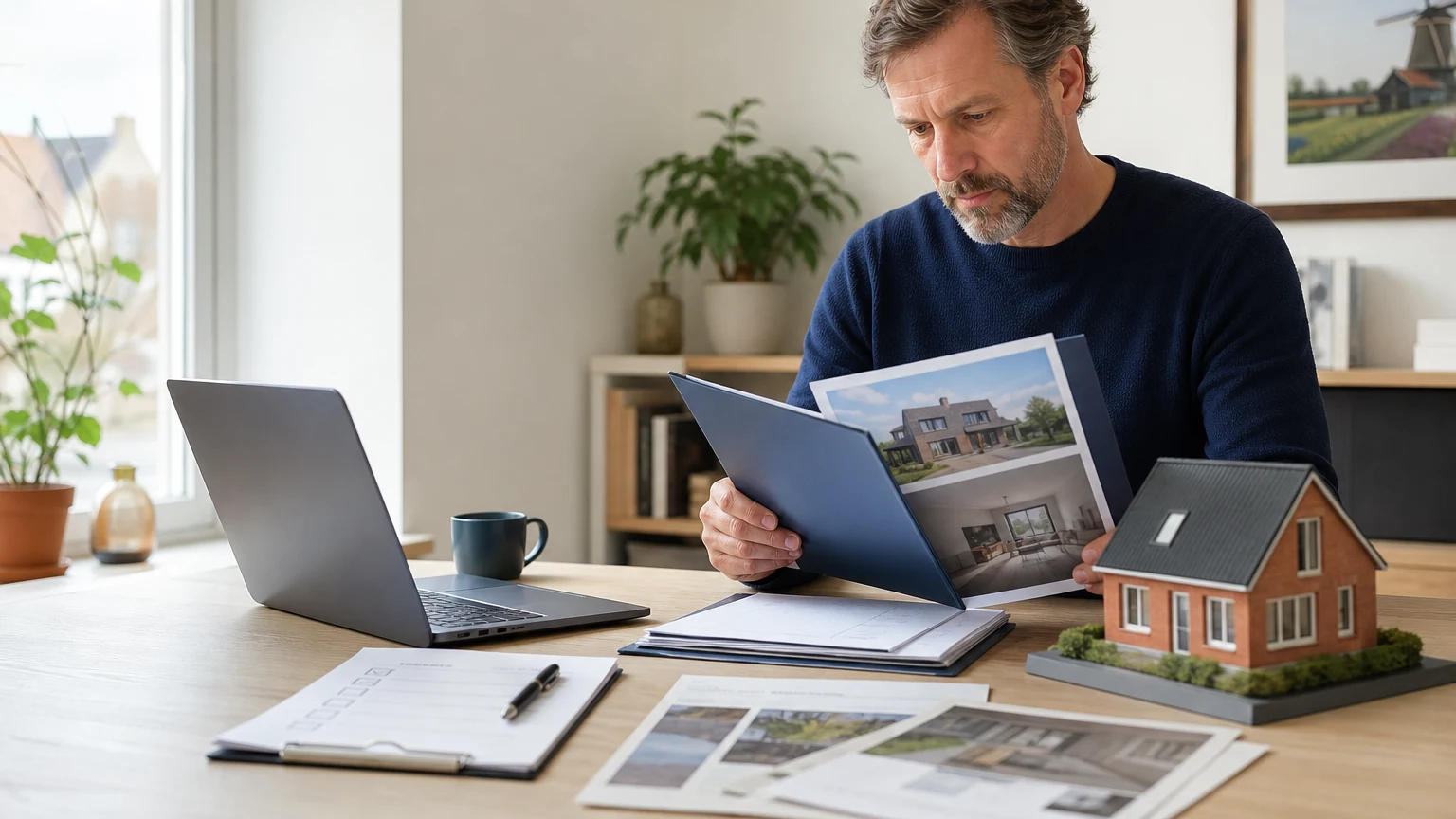 Property professional reviewing valuation files and house details beside a laptop and model home
