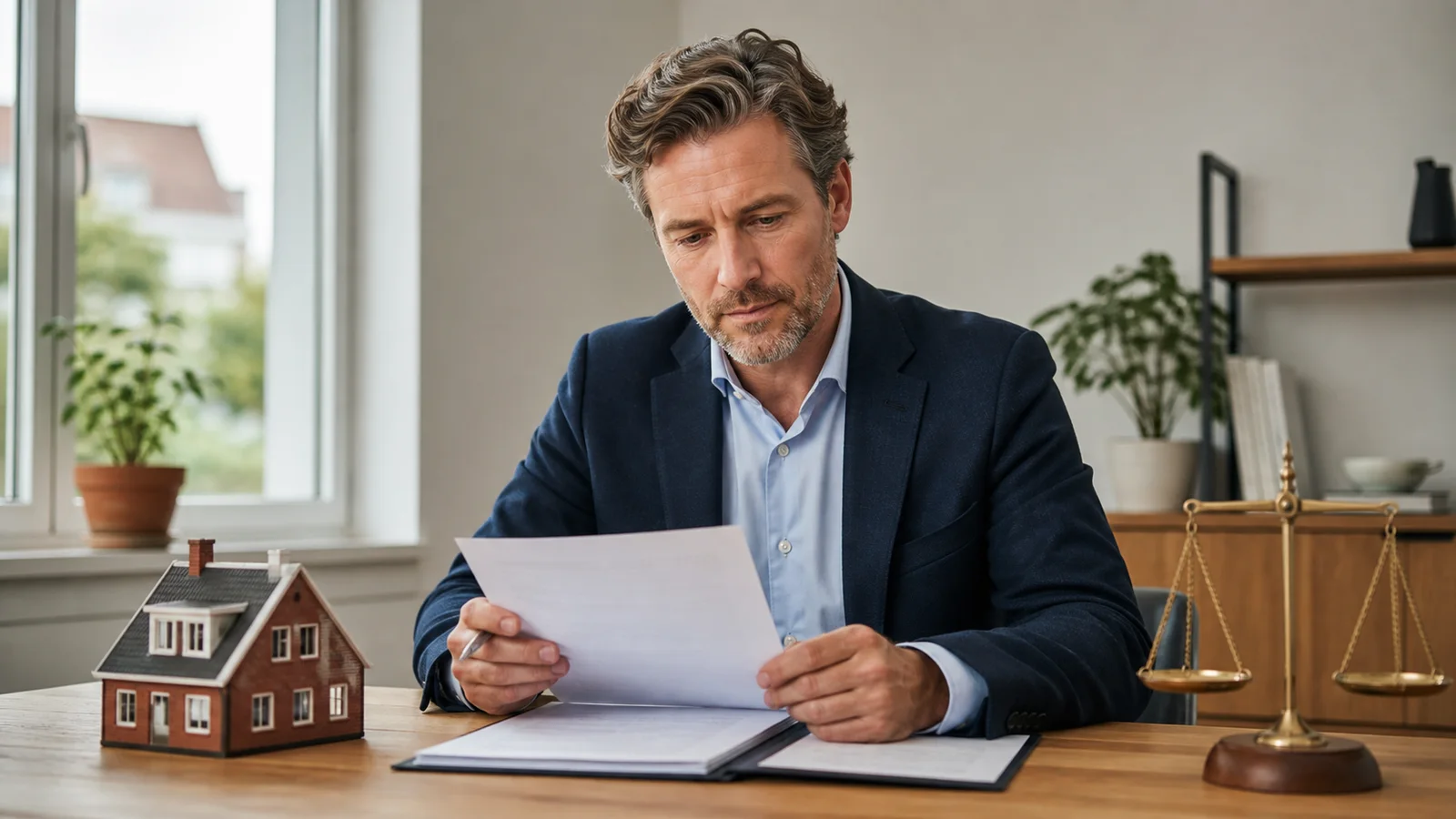 Property valuer with a visible face reviewing a valuation report beside a model house and balanced scales