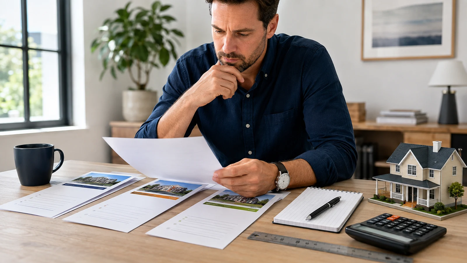 Homeowner reviewing a property valuation with appraisal files and a model house
