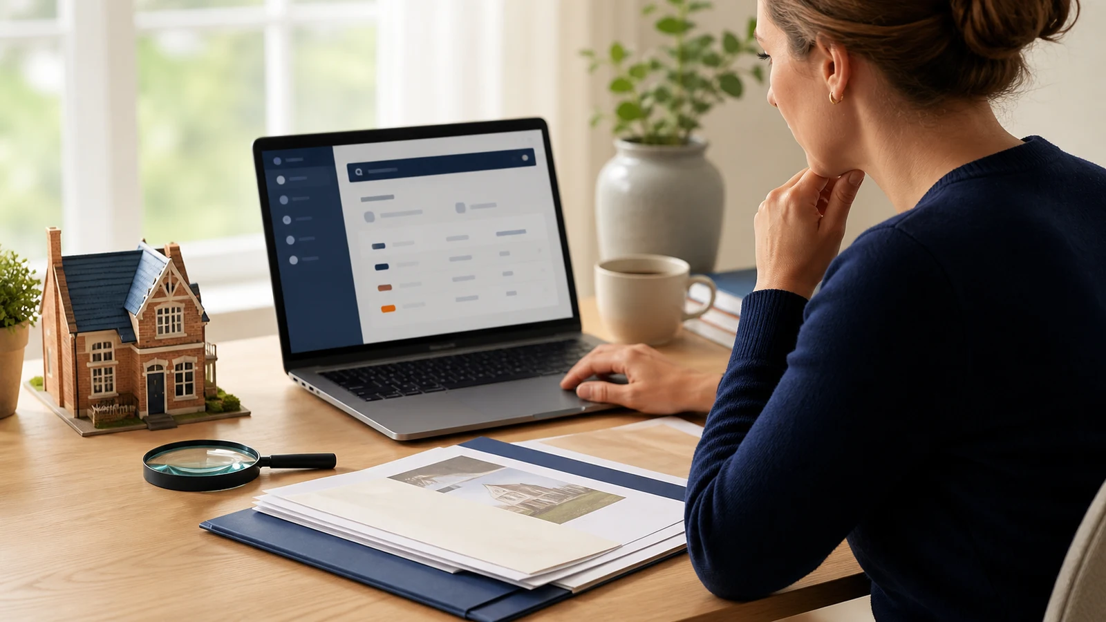Homebuyer checking a property valuer’s registration beside a house model and valuation documents