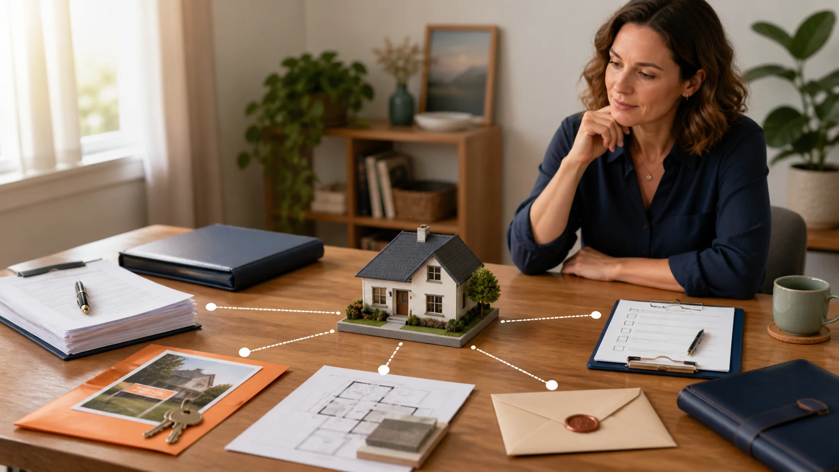 Homeowner weighing mortgage, sale, insurance and renovation documents beside a house model