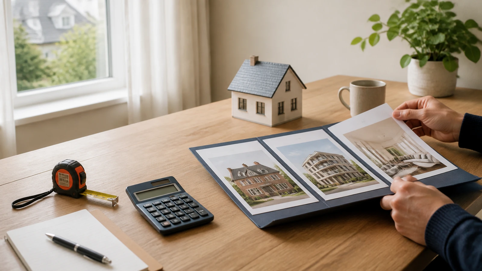 A homeowner comparing property valuation documents, a model house and market evidence at a table