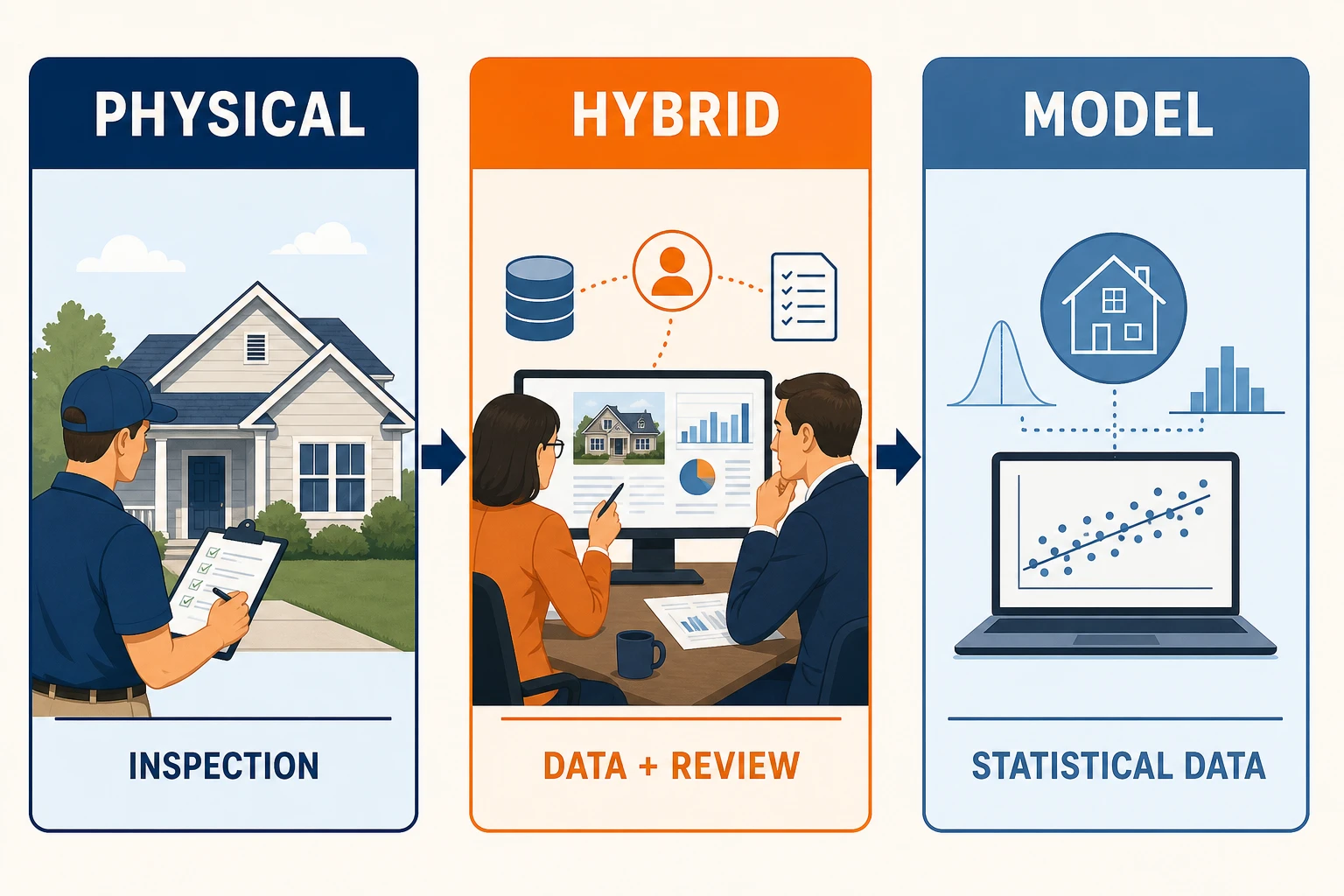 Three valuation options compared by inspection, data and review