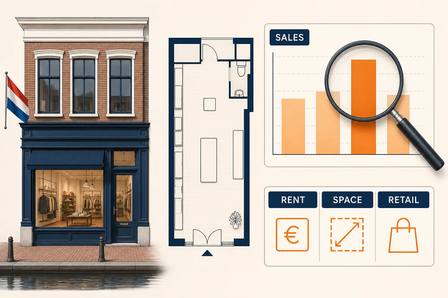 Retail valuation visual showing rent, sales, space and retail use