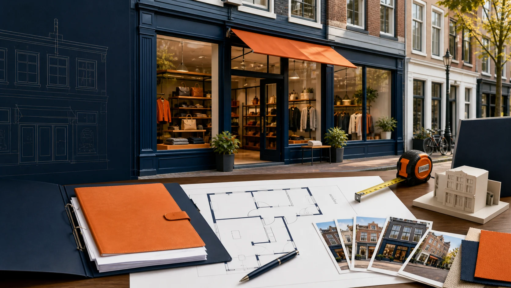 Dutch shopfront beside a retail floor plan and a comparable-sales chart