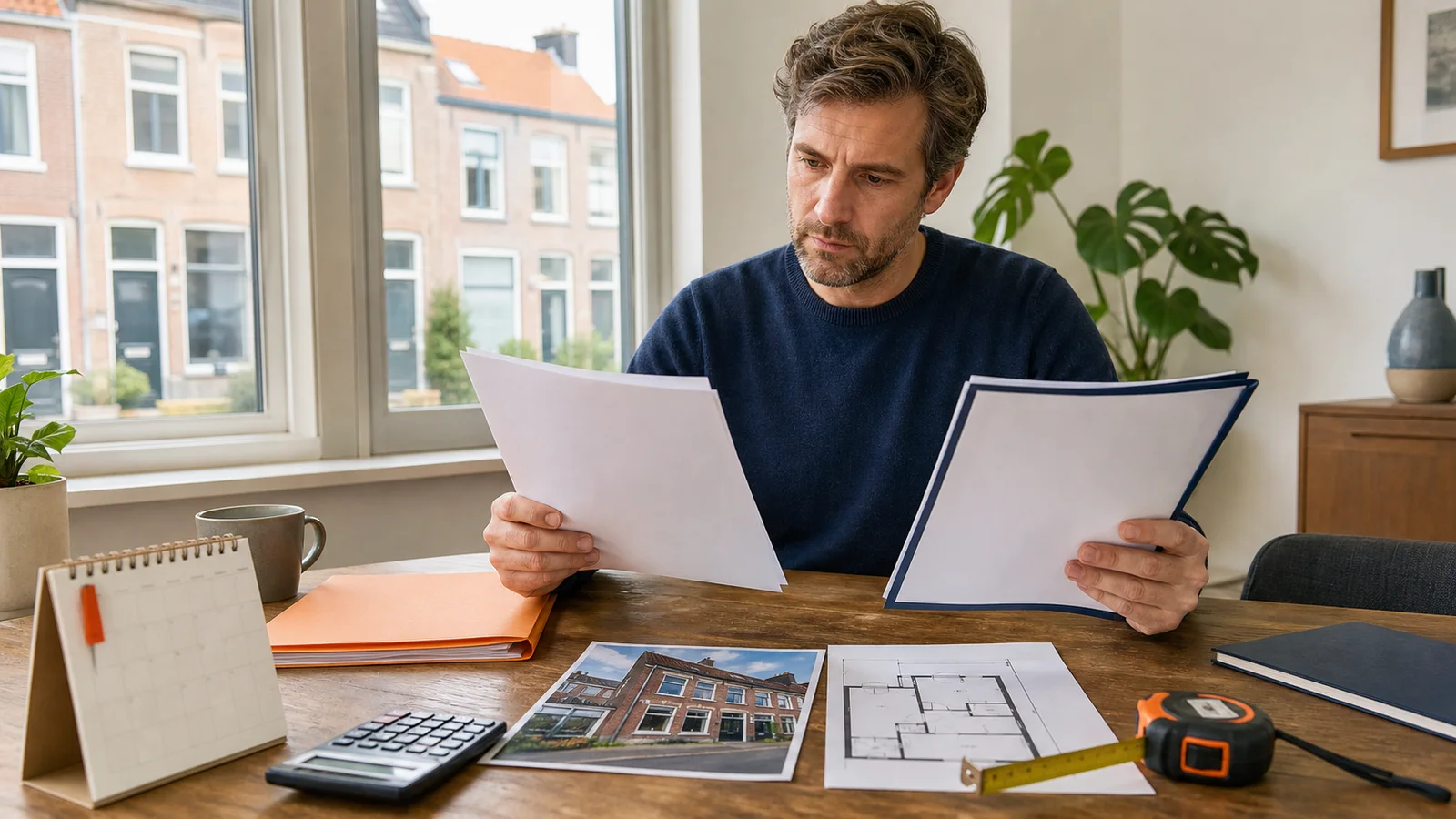 Homeowner comparing municipal valuation papers with a property valuation report at a table