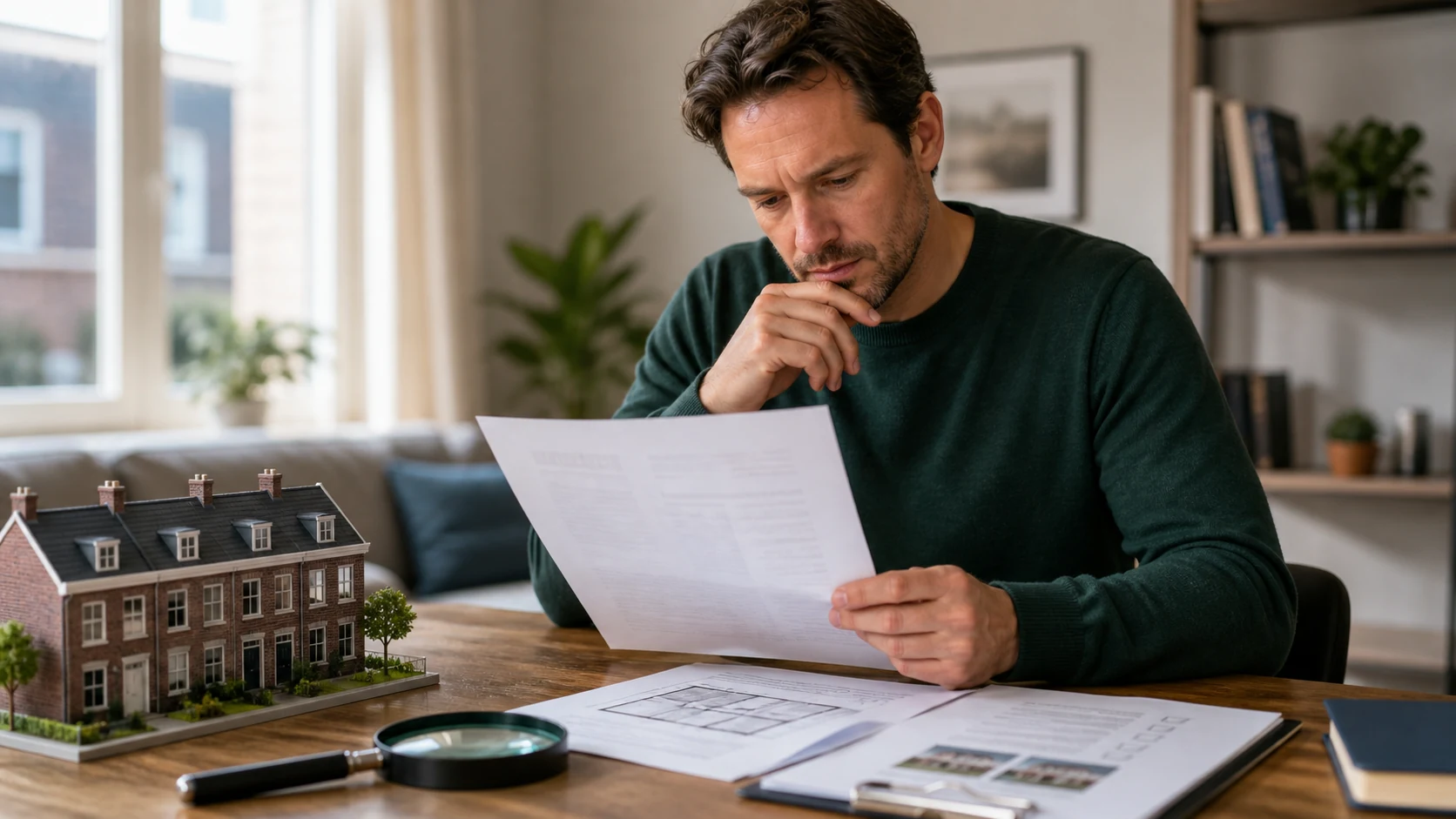 Homeowner reviewing a property valuation notice beside a model Dutch row house and a magnifying glass