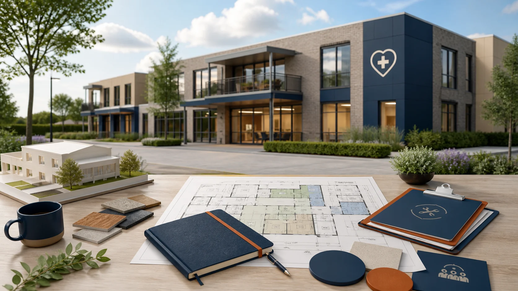 Healthcare building model beside an accessible site plan and a care-property evidence diagram